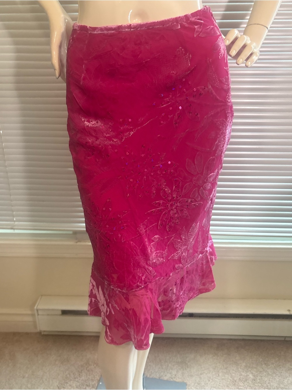 Vintage Fuchsia Floral Velvet Midi Skirt